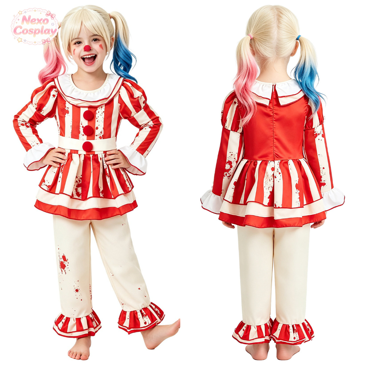Halloween Costume Kids - Rot-weiß gestreifter Horror-Clown-Anzug für Kinder, Halloween-Cosplay-Kostüm,