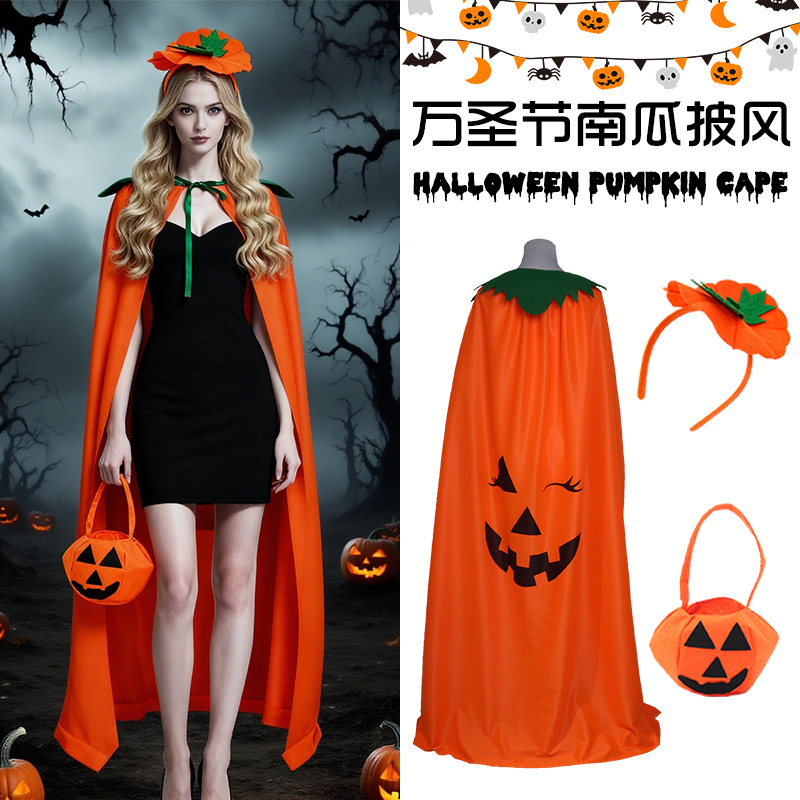 Pumpkin Lantern Halloween - Halloween-Kürbiskostüm-Set, Orangefarbener Jack-O'-Lantern-Umhang mit Stirnband und