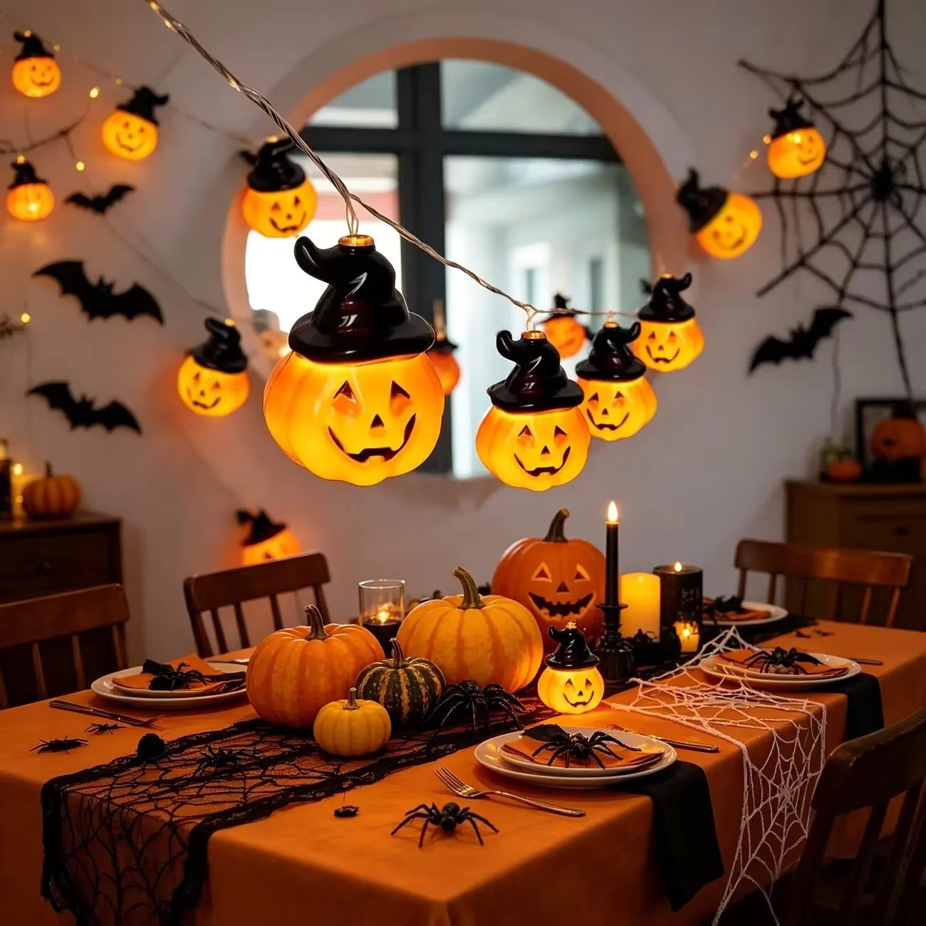 Halloween Led String Lights Orange - Halloween-Lichterkette mit Hexenhut und Kürbis, batteriebetrieben,