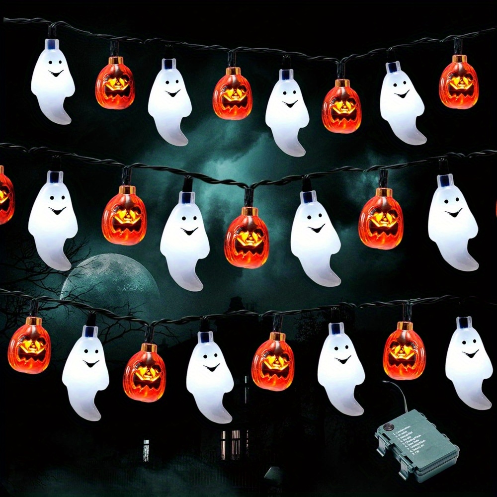Halloween Led String Lights Orange - 19,7 Fuß 30-teilige LED-Batteriebetriebene Geister-Kürbis-Halloween-Lichterkette, 3D-Lichterkette